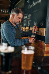 middle aged man bartender serving beer in beer pub