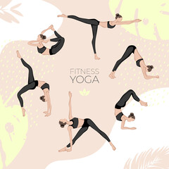 Fototapeta premium vector set of yoga poses, beautiful sports girls on a poster, silhouettes of plants on a colored background
