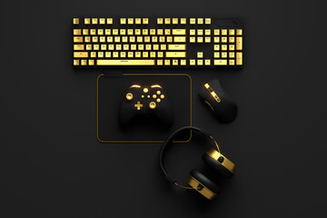 Top view of gamer workspace and gear like mouse, keyboard, joystick, headset © Vasyl Onyskiv