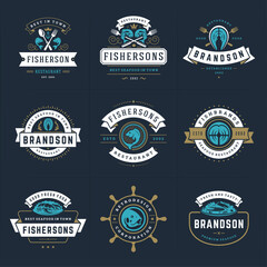 Seafood logos or signs set vector illustration fish market and restaurant emblems templates design
