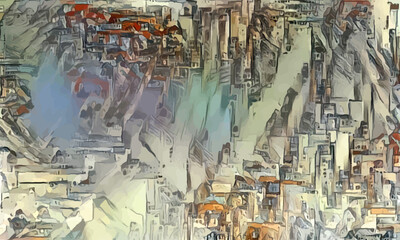 Abstract futuristic background with a watercolor texture. Image of a fantastic city. Modern art