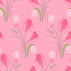 Seamless pattern with different cute flowers, tulips and daisy. Endless texture for romantic design and decoration.