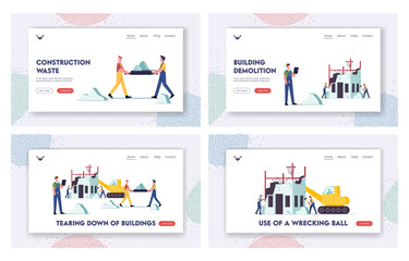 Obraz na płótnie Canvas Building Demolition Landing Page Template Set. Builders Male Characters and Heavy Machinery Demolishing Old House