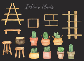 Watercolor boho wooden ladders, shelves and coasters for indoor house plants clipart