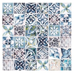 Watercolor wall tiles , print in ceramic industries, beautiful set of tiles in Portuguese, Spanish, Italian style in wall decor design, ceramics, tiles, mosaic, abstract motif wall art - obrazy, fototapety, plakaty