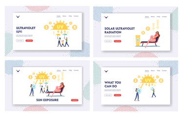Sun Exposure Landing Page Template Set. Uv Radiation, Solar Ultraviolet Protection. Characters with Shield Reflect Light