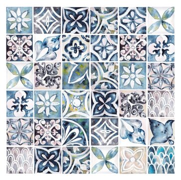 Watercolor wall tiles , print in ceramic industries, beautiful set of tiles in Portuguese, Spanish, Italian style in wall decor design, ceramics, tiles, mosaic, abstract motif wall art