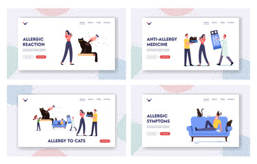 Cat Allergy Landing Page Template Set. Characters with Allergic Reaction on Pet, Doctor Carry Huge Anti Histamine Remedy