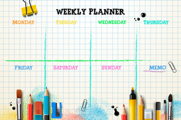 Weekly planner template. Organizer and schedule with place for Memo. Vector illustration