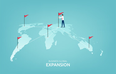 Business global expansion concept with businessman and flags symbol vector illustration. - obrazy, fototapety, plakaty
