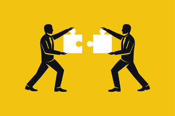 Fototapeta na wymiar Business teamwork concept. Two businessmen connecting puzzle elements. Vector illustration flat style design metaphor. Combining two pieces. Symbol of working together, cooperation, partnership.