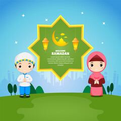 Greeting card welcome Ramadan with cute Muslim couple