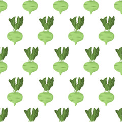 Cartoon seamless pattern for paper design with green kohlrabi root with green leaf. Colorful background.