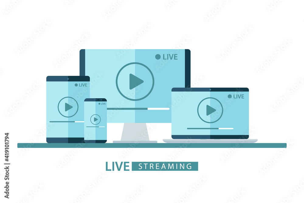 Poster Video player window live streaming. Desktop computer, laptop, tablet and smartphone with play button on screen. Vector illustration for online broadcast, streaming service. 