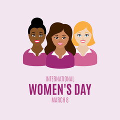 International Women's Day, March 8 Poster with multicultural women faces vector. Women's Day greeting card wit group diverse women avatar head vector. Important day