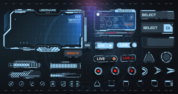 Digital frame technology UI/UX Futuristic HUD, FUI, Virtual Interface. A design template for a set of frames , buttons, and overlay cursors for game streaming.  Futuristic info boxes layout templates.