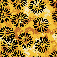 Black round flowers seamless vector pattern on textured yellow background. Graphic botanical surface print design for fabric, stationery, scrapbook paper, gift wrap, textile, home decor, and packaging