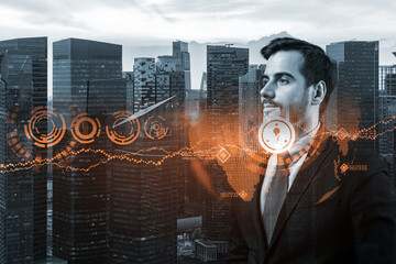 A young Caucasian cybersecurity developer thinking about new concepts at security compliance division to protect clients confidential information. IT lock icons over Singapore background.