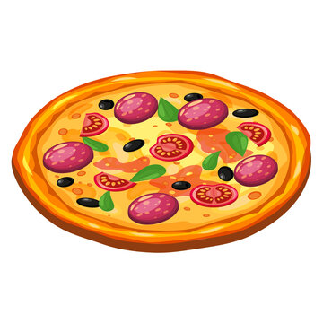 Pizza isometric with ingredients tomato, salami, cheese, mushrooms. Vector illustration isolated cartoon flat style
