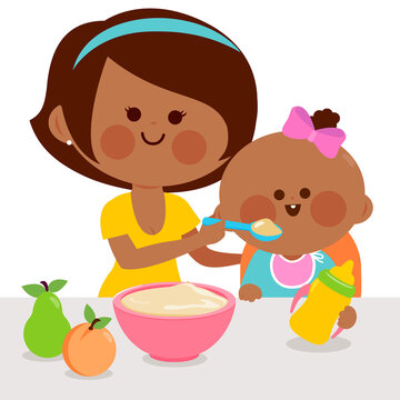 Mother feeding her baby a bowl of cereal and fruit. Vector illustration