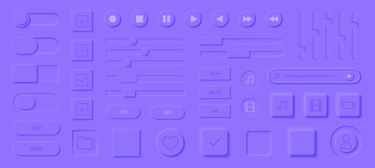 Neumorphism style elements vector set. Modern website or mobile app design. Volume control buttons and knobs. Minimal style neumorphism buttons. Neumorphic UI UX interface.