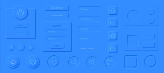 Neumorphism  sign up and log in user page. Registration interface elements set. Modern web or mobile app. Neumorphic UI UX design. Create account form. Login and password form.