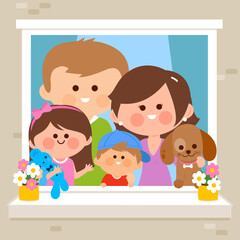 Family in their home looking out of a window. Vector illustration