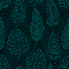 Vector illustration, Tropical summer. tropical leaves, Handmade, seamless pattern, dark green background, print on t-shirt