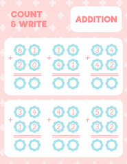 Math worksheet practice print page. Double digit addition. Column method. Count and write.