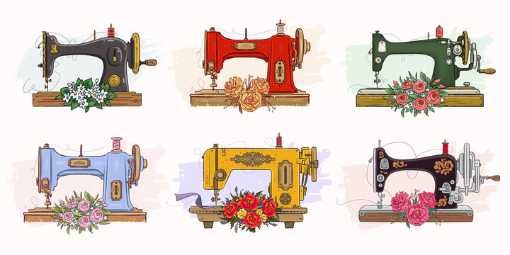 Set of hand drawn vintage sewing machine and flowers. Vector illustration