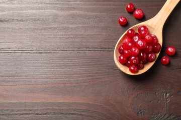 Fresh cranberry on wooden table, flat lay. Space for text