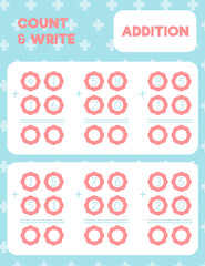 Math worksheet practice print page. Double digit addition. Column method. Count and write.