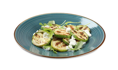 Delicious grilled zucchini slices served with cottage cheese on white background