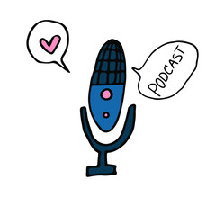 linear icons of podcasting tools. Sound recording equipment, vector illustration. Monochrome drawing of podcast studio objects, on white background