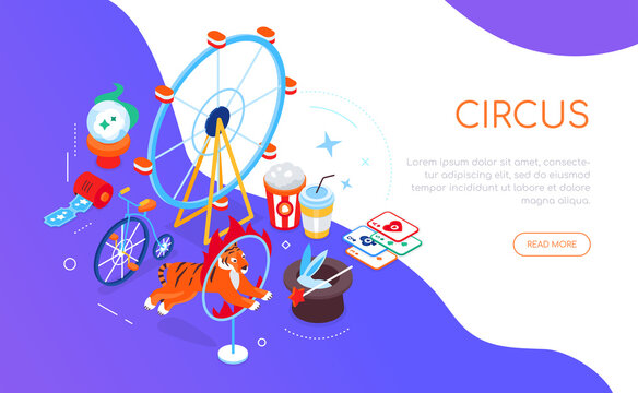 Circus and theme park - modern colorful isometric web banner