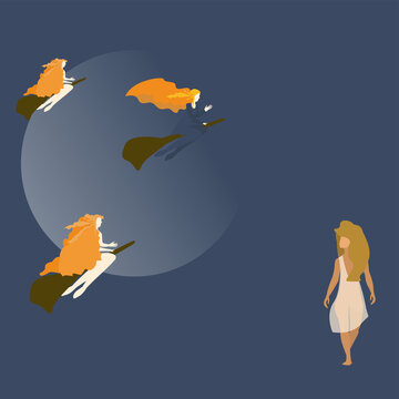 Witches flying on  broom on moon background. Woman looking at moon.  Vector illustration for Walpurgis night decoration