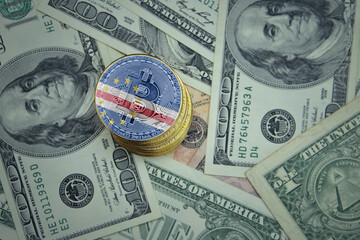 golden shining bitcoins with flag of cape verde on a dollar money background.
