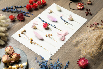 Naklejka na ściany i meble Composition with beautiful dry flowers on wooden background