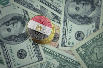 golden shining bitcoins with flag of egypt on a dollar money background.