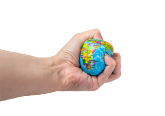 earth globe compressed in hand isolated on white background, concept of earth ecology destruction, power over the world, impact on humanity