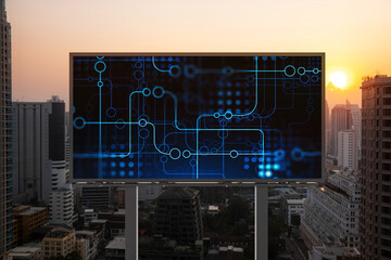 Glowing hologram of technological process on billboard, aerial panoramic cityscape of Bangkok at...