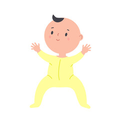 Happy newborn baby. Child in jupmpsuit. Sweet Little kid. Playful toddler