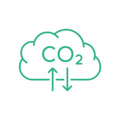CO2 Carbon dioxide cloud sign. Air pollution. Carbon footprint concept. Cloud thin line icon with two arrows symbolizing greenhouse effect. Toxic gases emission. Vector illustration, flat, clip art. 