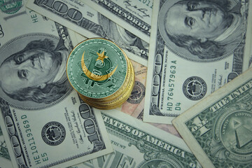 golden shining bitcoins with flag of mauritania on a dollar money background.