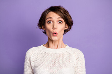 Photo of nice hairdo person staring shocked mouth lips wearing sweater isolated on violet color background