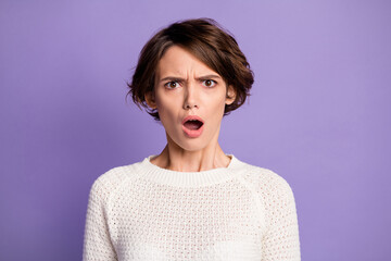 Photo of unsatisfied lady nice hairdo open mouth staring grimace wear sweater isolated on violet color background