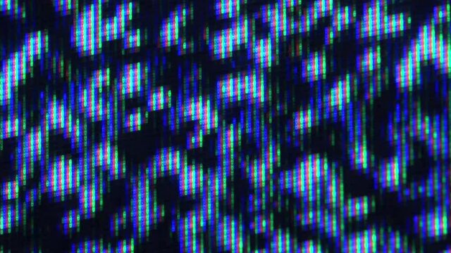 Close up view at a plasma tv while showing white noise activity.