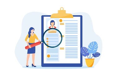 HR manager looking through a magnifying glass on job candidate CV. recruitment agency. Vector illustration in flat style