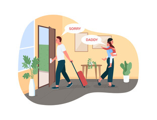 Father leaving wife and child 2D vector web banner, poster. Sad dad, angry mom. Upset family flat characters on cartoon background. Divorce, breakup printable patch, colorful web element