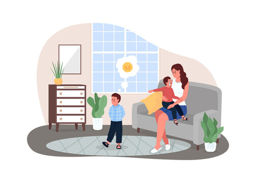 Mother with fighting children 2D vector web banner, poster. Child telling on brother. Upset kids with mom flat characters on cartoon background. Family conflict printable patch, colorful web element